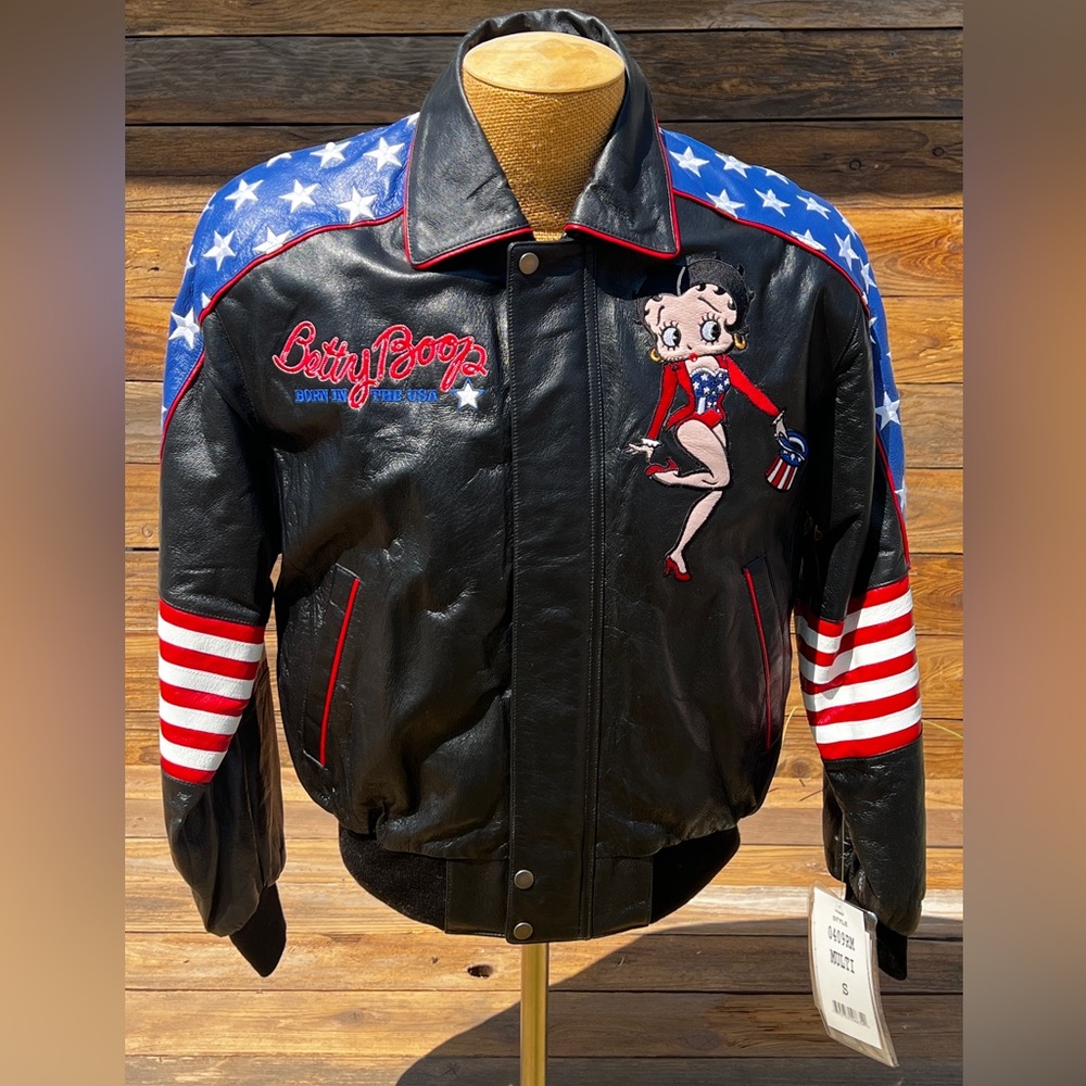 Betty Boop Ladies Leather Bomber Jacket - Black and Red
